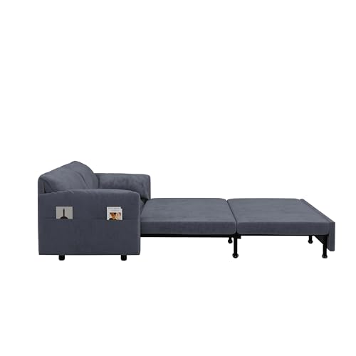 66" Velvet Sleeper Sofa Bed with Comfy Armrest & Side Pockets, Pull-Out Couch Chaise Lounge for RV, Grey