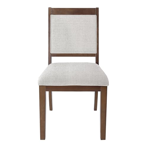 Set of 2 Open Back Dining Chairs, Solid Wood Frame Upholstered in Neutral Fabric for Kitchen or Dining