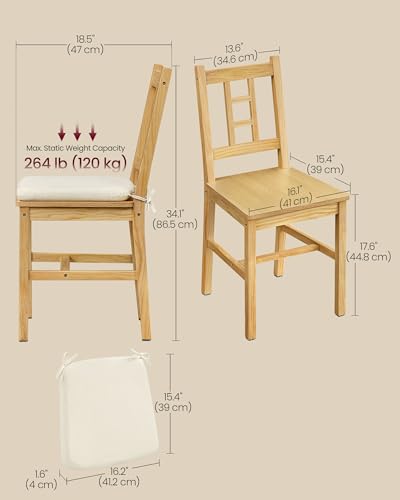 Set of 2 Wooden Dining Chairs, Golden Oak Kitchen Side Chairs with Curved Back & Removable Cushions