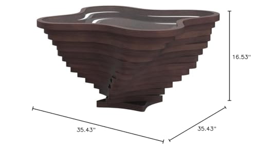 Modern Walnut Coffee Table with Tempered Glass Top, Layered Wave Design, Rustic Living Room Accent