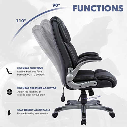 High Back Executive Office Chair, Ergonomic Swivel Desk Chair with Flip-Up Arms & Tilt Lock, Black Leather