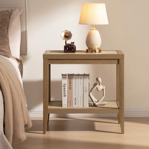 Boho Rattan Nightstand Set of 2, Narrow Side Tables with Storage Shelves for Small Living Spaces