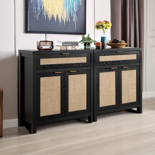 FURNIXI Sideboard Buffet Storage Cabinet Set of 2, Black Rattan Credenza Console with Drawer & Doors, Coffee Bar for Entryway Kitchen