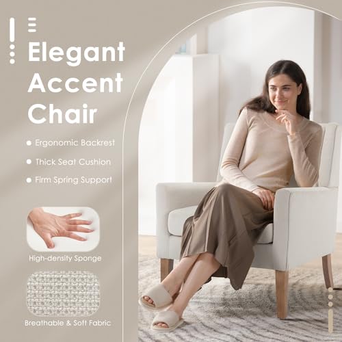 Modern Wingback Accent Chair, Upholstered Fabric Armchair with Lounge Seat & Wood Legs for Living Room, Beige