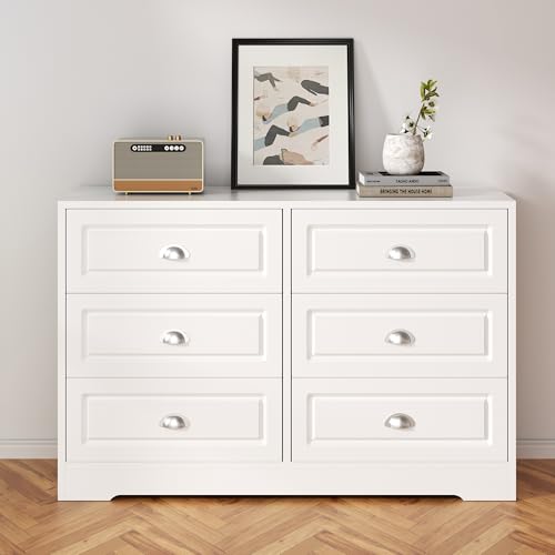 6-Drawer White Dresser – Modern Double Dresser with Metal Handles, Ideal as Bedroom Storage or Living Room TV Stand