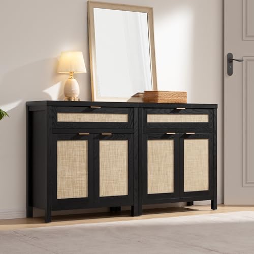 FURNIXI Sideboard Buffet Storage Cabinet Set of 2, Black Rattan Credenza Console with Drawer & Doors, Coffee Bar for Entryway Kitchen