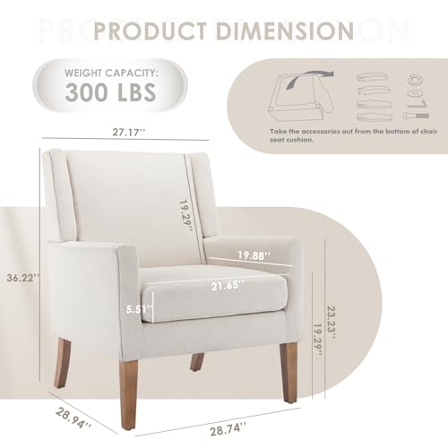 Modern Wingback Accent Chair, Upholstered Fabric Armchair with Lounge Seat & Wood Legs for Living Room, Beige