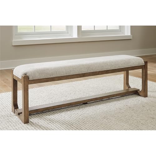 Cabalynn 63" Upholstered Dining Bench, Beige and Light Brown Farmhouse Style Seating for 6-8 People