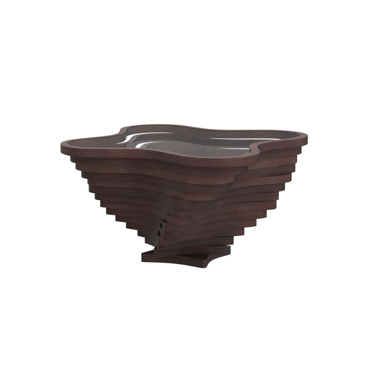 Modern Walnut Coffee Table with Tempered Glass Top, Layered Wave Design, Rustic Living Room Accent