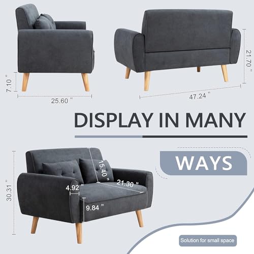 47" Linen Loveseat Sofa – Compact Dark Grey 2-Seater Couch with Pillows, Ideal for Apartments & Small Spaces