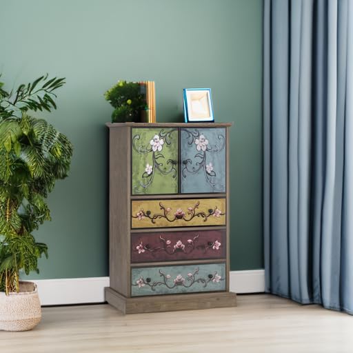 Tall Boho Wood Chest with Drawers & Doors, 42.3" Accent Dresser Cabinet for Office, Bedroom, Living Room