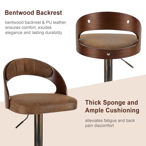Bar Stool Set of 4, 360° Swivel PU Leather Counter Stools with Bentwood Back, Arm & Footrest, Adjustable Height, Rustic Brown