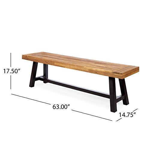 Carlisle Acacia Wood Outdoor Bench, Rustic Metal Frame, Sandblast Finish Patio Bench 63"x17.5"