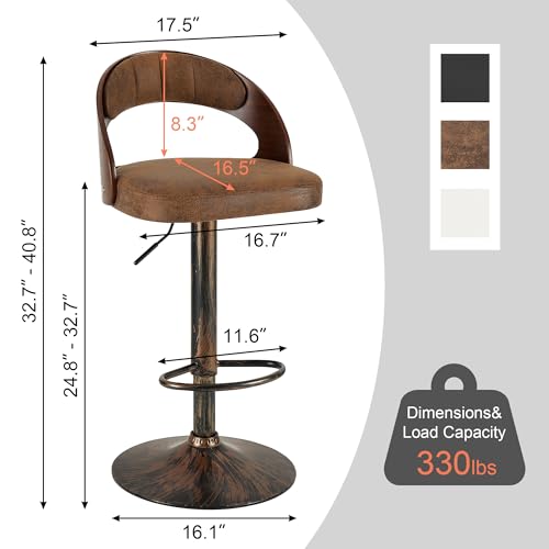Bar Stool Set of 4, 360° Swivel PU Leather Counter Stools with Bentwood Back, Arm & Footrest, Adjustable Height, Rustic Brown