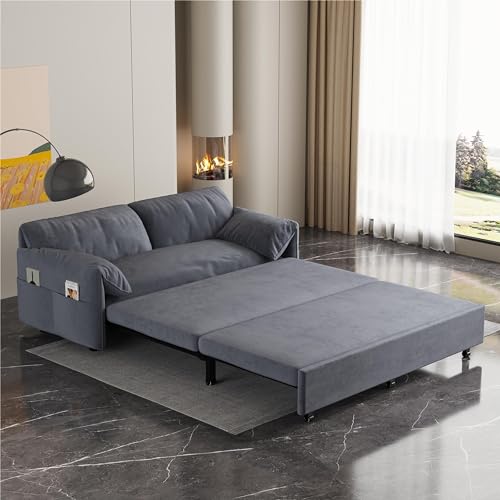 66" Velvet Sleeper Sofa Bed with Comfy Armrest & Side Pockets, Pull-Out Couch Chaise Lounge for RV, Grey