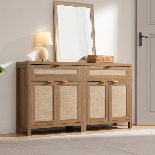 Sideboard Buffet Cabinet Set of 2, Natural Oak Rattan Storage Credenza with Drawer, Boho Coffee Bar for Entryway Living Room
