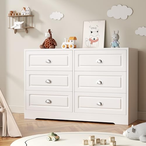 6-Drawer White Dresser – Modern Double Dresser with Metal Handles, Ideal as Bedroom Storage or Living Room TV Stand