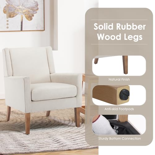 Modern Wingback Accent Chair, Upholstered Fabric Armchair with Lounge Seat & Wood Legs for Living Room, Beige
