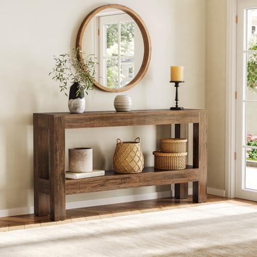 63" Narrow Console Table with 2-Tier Shelves, Farmhouse Wooden Entryway Table for Sofa, Hallway, or Living Room