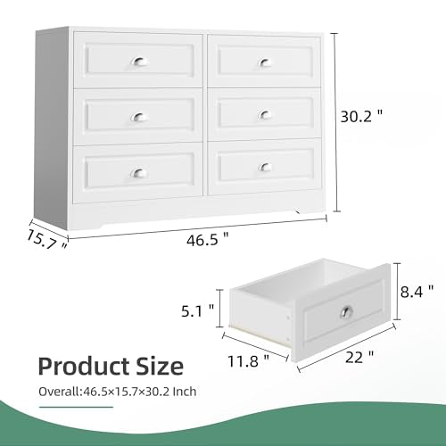 6-Drawer White Dresser – Modern Double Dresser with Metal Handles, Ideal as Bedroom Storage or Living Room TV Stand