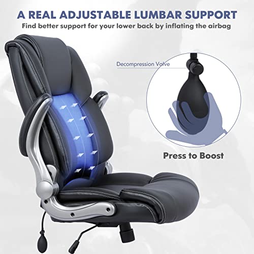 High Back Executive Office Chair, Ergonomic Swivel Desk Chair with Flip-Up Arms & Tilt Lock, Black Leather