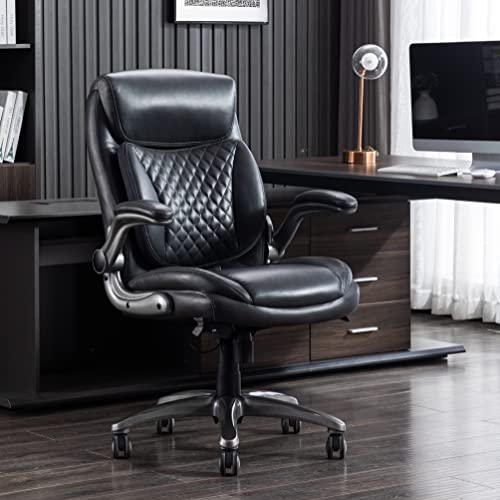 Executive Office Chair with Lumbar Support, Flip-Up Arms, Adjustable Height, PU Leather Desk Chair, Grey