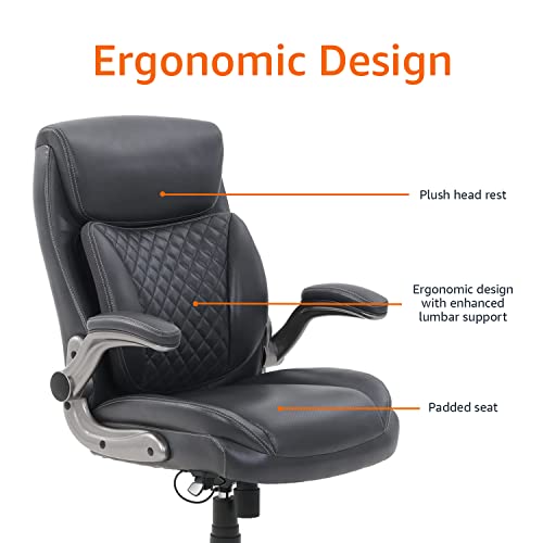 Executive Office Chair with Lumbar Support, Flip-Up Arms, Adjustable Height, PU Leather Desk Chair, Grey