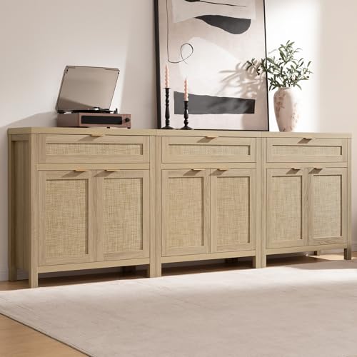 Sideboard Buffet Storage Cabinet Set of 2, Natural Rattan Credenza Console with Drawer & Doors, Coffee Bar for Living Room