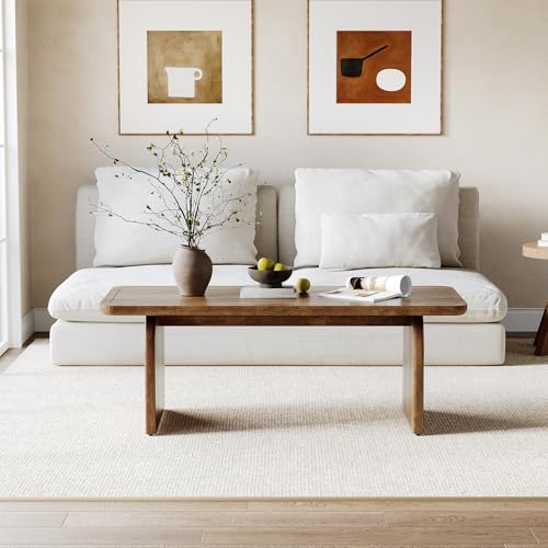 47" Farmhouse Coffee Table, Rustic Brown Wooden Center Table with Rounded Corners for Living Room or Tea Time