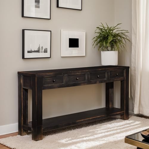 Gavelston Rustic Sofa Table with 4 Drawers & Shelf, Weathered Black Console Table for Living Room, Entryway, or Hallway