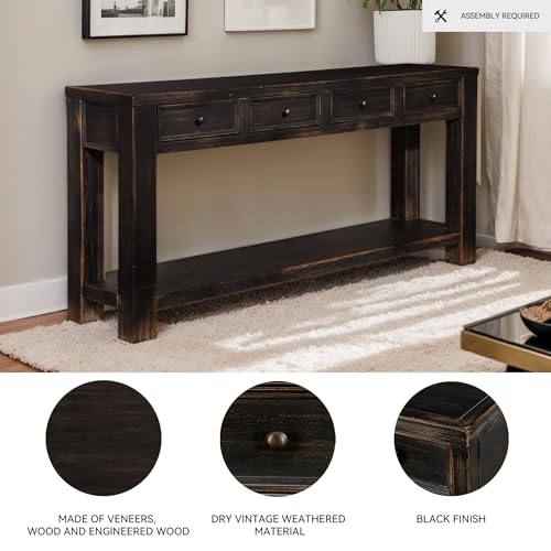Gavelston Rustic Sofa Table with 4 Drawers & Shelf, Weathered Black Console Table for Living Room, Entryway, or Hallway