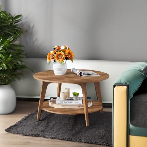 Round Coffee Table, 31.5" 2-Tier Living Room Table with Storage Shelf, Honey Brown Finish, ULCT243K41