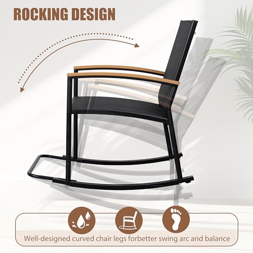 3-Piece Rocking Bistro Patio Set – Black Small Outdoor Table and Chairs Set for Porch, Balcony or Garden
