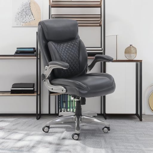 Executive Office Chair with Lumbar Support, Flip-Up Arms, Adjustable Height, PU Leather Desk Chair, Grey