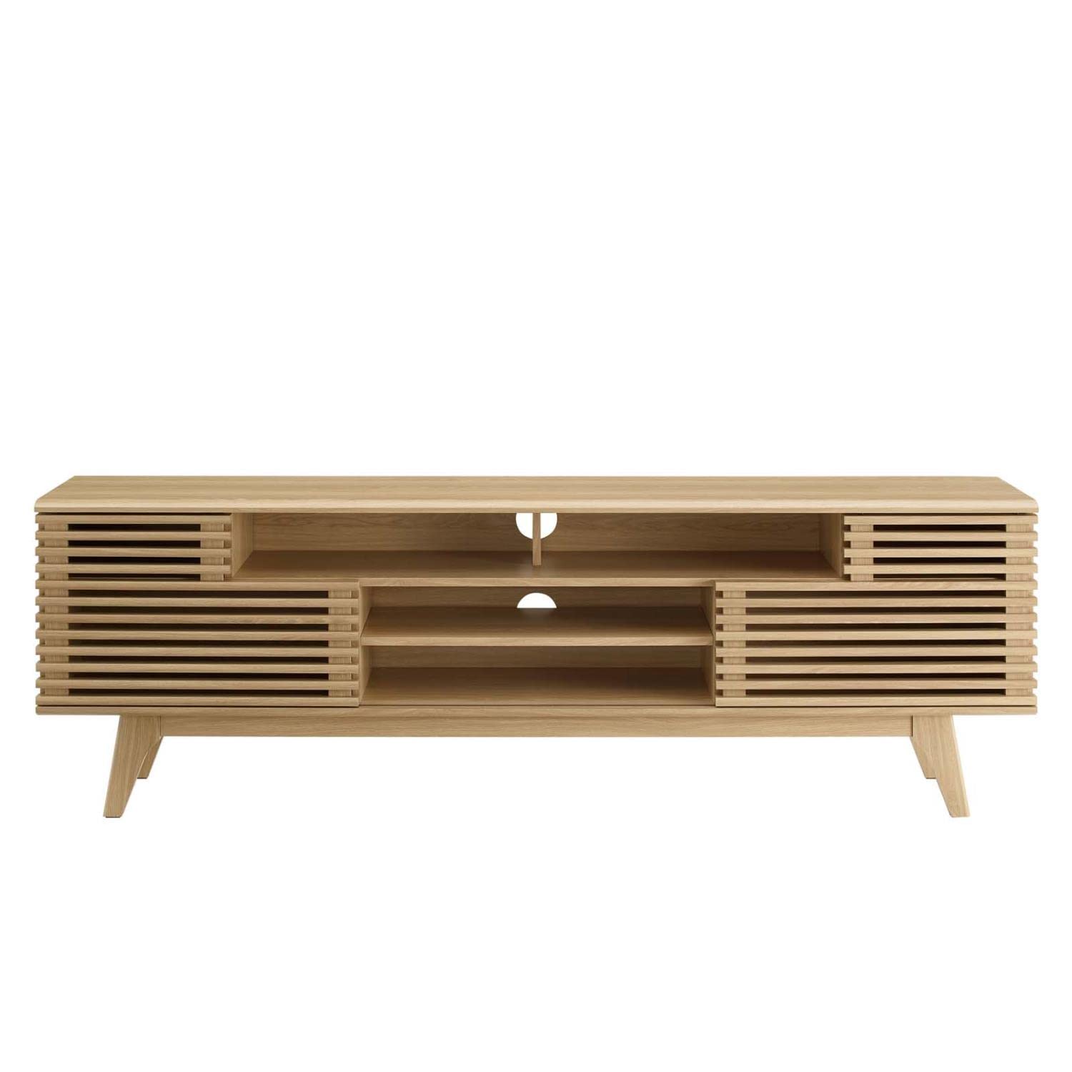 71" Mid-Century TV Stand – Low Profile Oak Wood Media Console with Open Storage for Living Room
