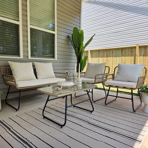 4-Piece Rattan Patio Set – Beige Outdoor Furniture with Soft Cushions & Side Table for Balcony or Backyard