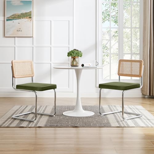 Set of 2 Rattan Dining Chairs, Green Velvet Upholstered Boho Kitchen Chairs with Wood Back & Chrome Base