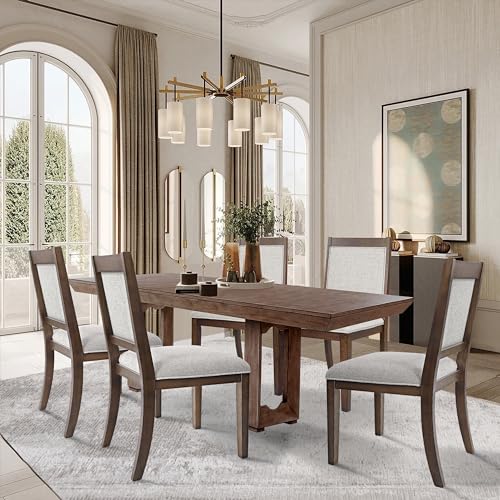Set of 2 Open Back Dining Chairs, Solid Wood Frame Upholstered in Neutral Fabric for Kitchen or Dining