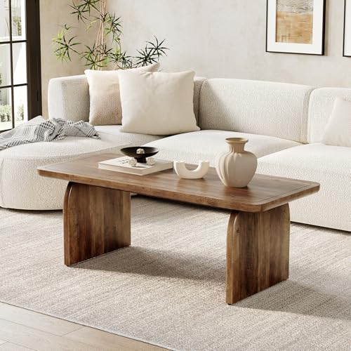 47" Farmhouse Coffee Table, Rustic Brown Wooden Center Table with Rounded Corners for Living Room or Tea Time