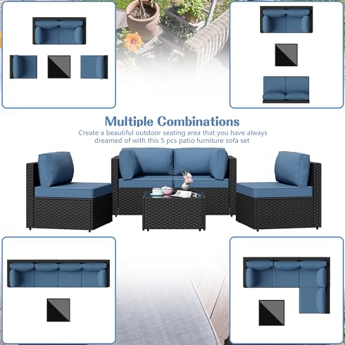 5-Piece Patio Sectional Sofa Set – Aegean Blue Wicker Furniture with Cushions & Glass Table for Backyard or Garden