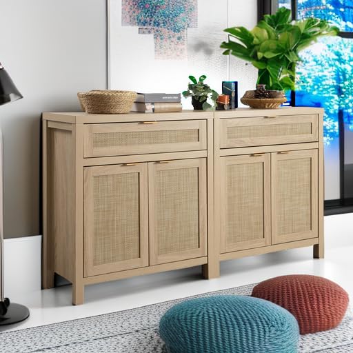 Sideboard Buffet Storage Cabinet Set of 2, Natural Rattan Credenza Console with Drawer & Doors, Coffee Bar for Living Room
