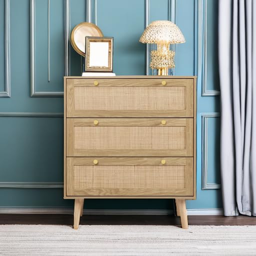 Modern Rattan 3-Drawer Dresser, Rustic Oak Wood Chest with Spacious Storage for Bedroom, Hallway, H0027