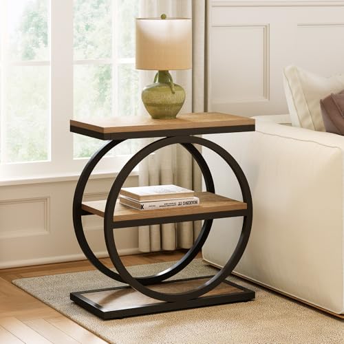 End Table Set of 2, Wooden Side Tables with 3-Tier Metal Shelf Storage for Living Room or Bedroom, Oak