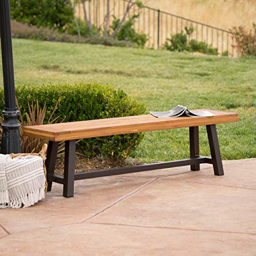 Carlisle Acacia Wood Outdoor Bench, Rustic Metal Frame, Sandblast Finish Patio Bench 63"x17.5"