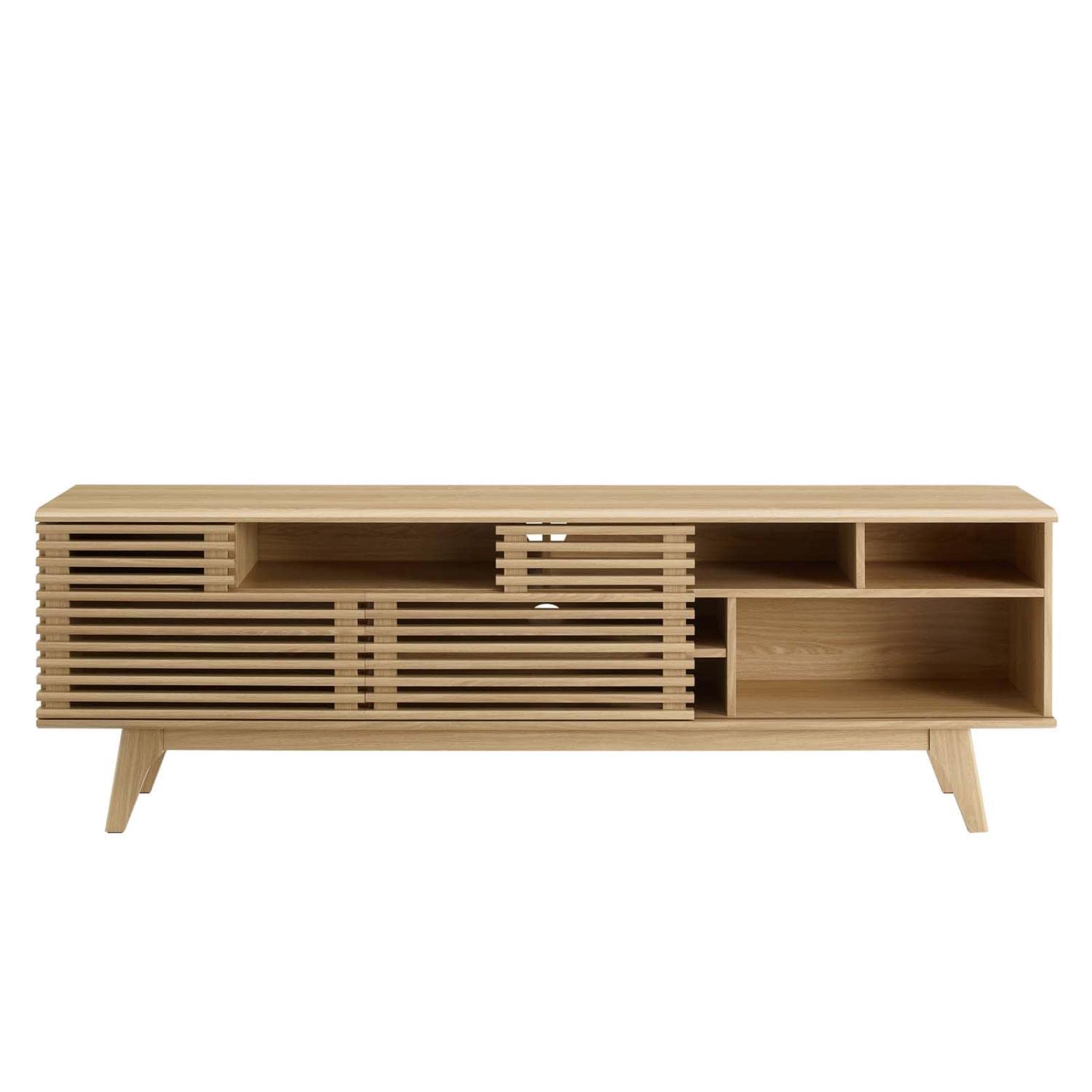 71" Mid-Century TV Stand – Low Profile Oak Wood Media Console with Open Storage for Living Room