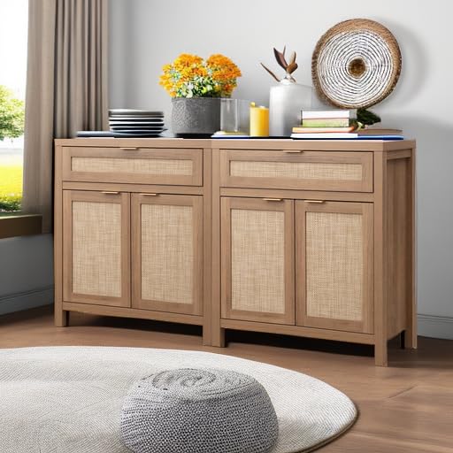 Sideboard Buffet Cabinet Set of 2, Natural Oak Rattan Storage Credenza with Drawer, Boho Coffee Bar for Entryway Living Room
