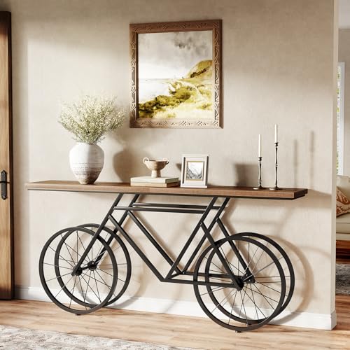 70.9" Extra Long Narrow Sofa Table, Farmhouse Console with Unique Bicycle Base for Living Room, Entryway, Rustic Brown