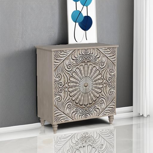 32" Sideboard Buffet Cabinet with Flower Pattern Doors, Vintage Push-to-Open Storage Table for Hallway, Gray