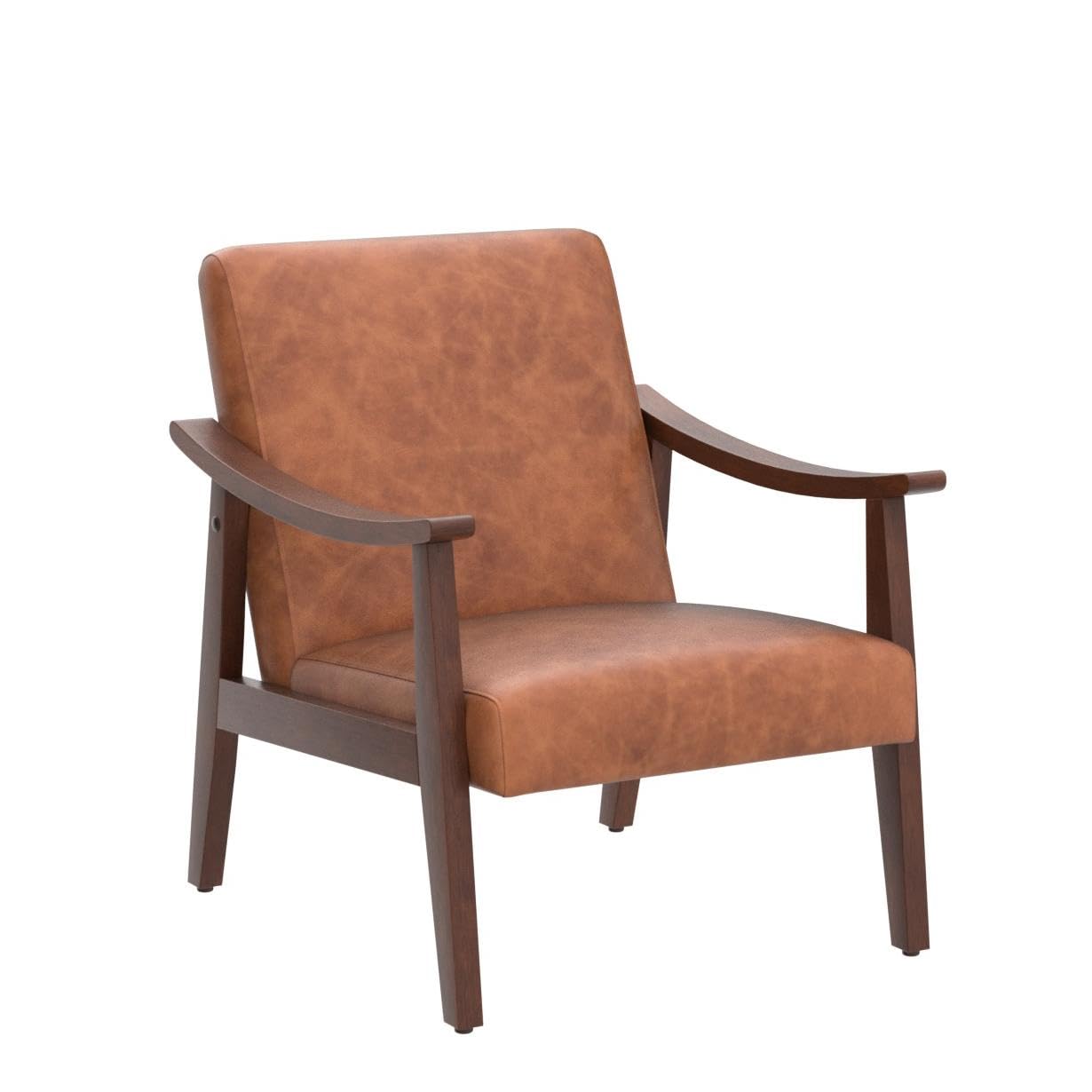 Mid-Century PU Leather Accent Chair, High Back Wood Armchairs for Bedroom, Living Room, Waiting Room, Set of 2