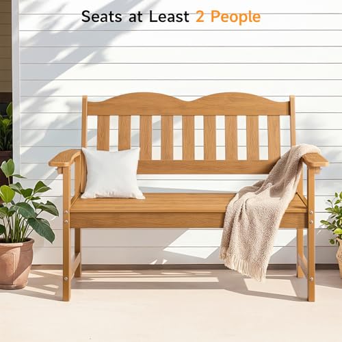 Teak Poly Lumber Outdoor Garden Bench, 2-Person All-Weather Patio Bench with Armrests and Backrest